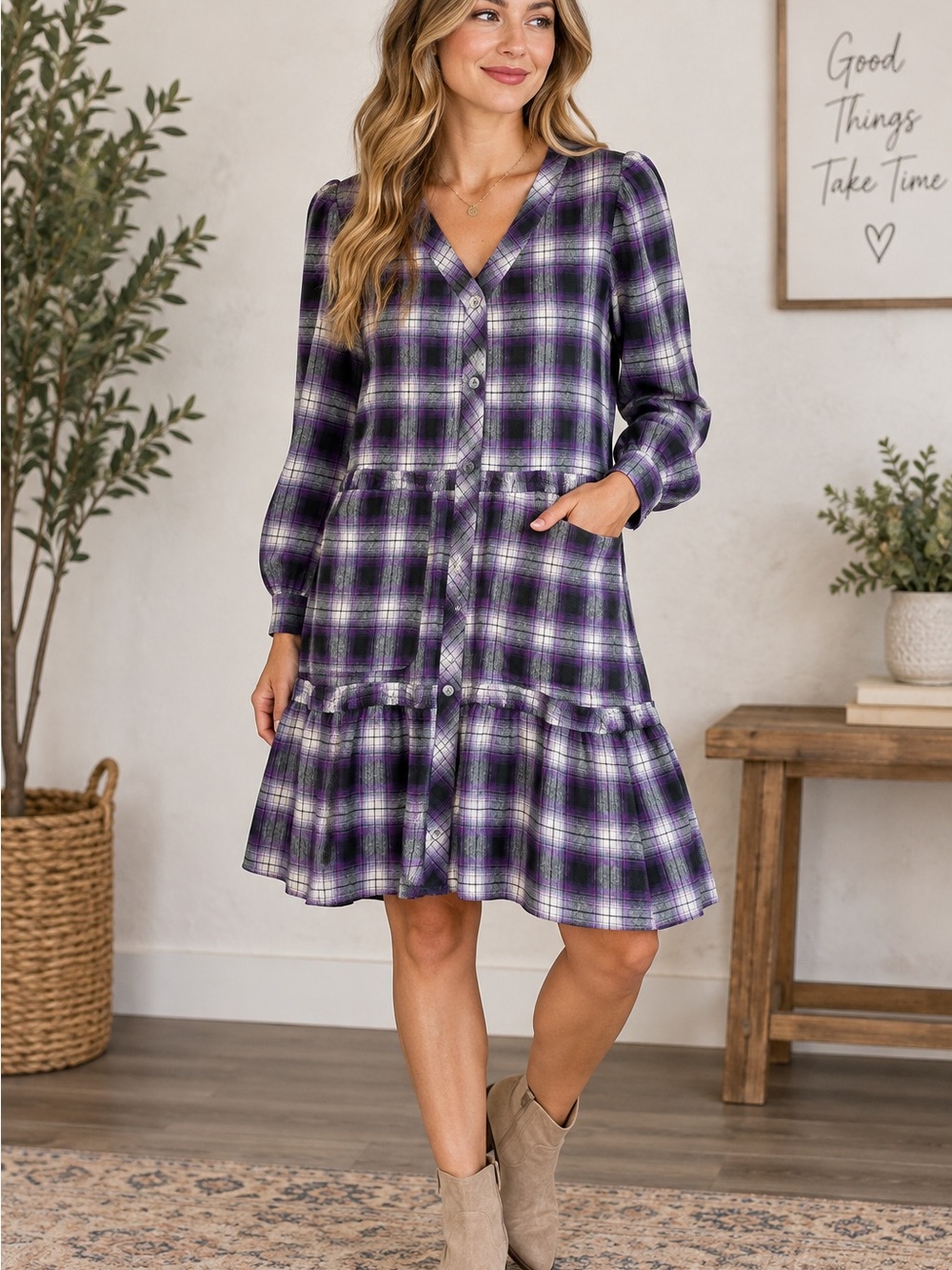 Entro Saylor Tiered Plaid Dress, size sm NWT